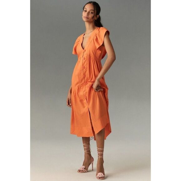 Anthropologie Flutter-Sleeve Linen Button-Front Midi Dress - Picture 1 of 10